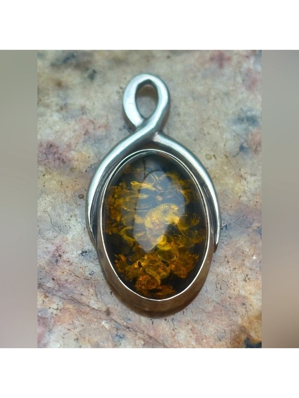 Genuine Baltic Green Amber • 925 Sterling Silver Modern Loop Pendant Inclusions